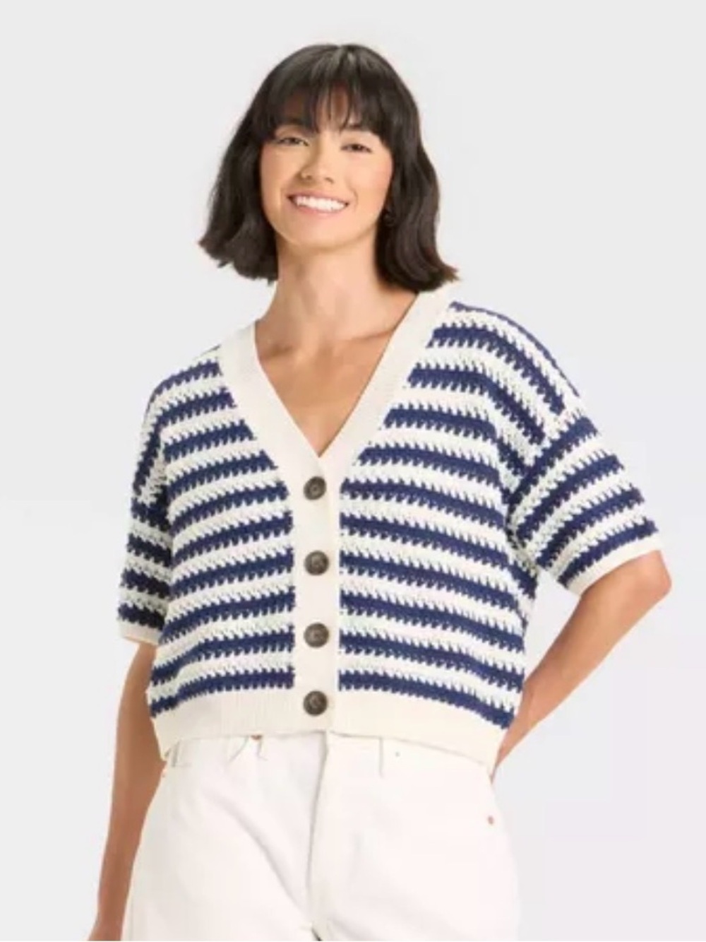 Universal Thread Striped Button Front Cropped Sweater - Navy and Cream